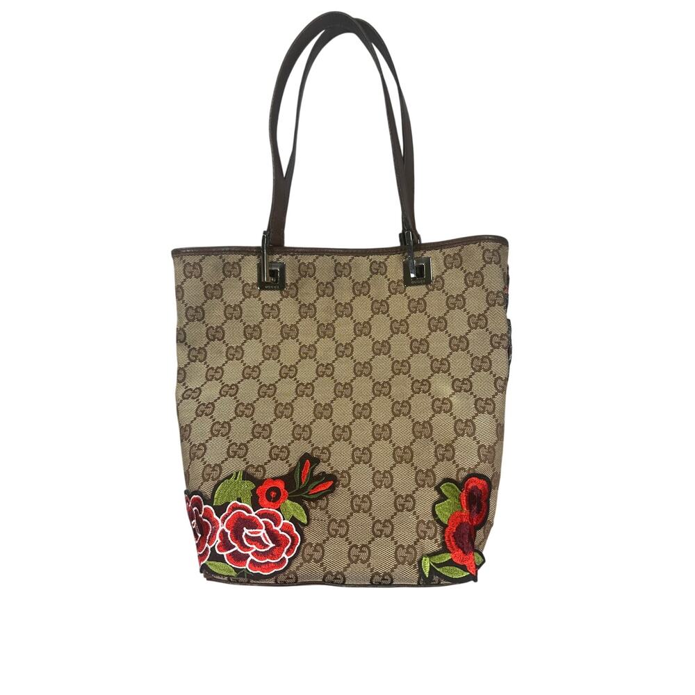 Gucci GG Canvas Small Tote Custom Snake Floral Applique Brown